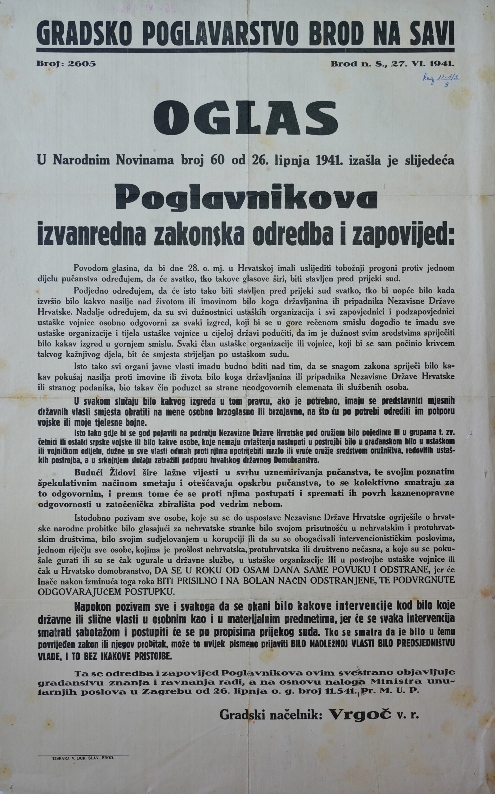 1 Plakat Oglas Gradskog poglavarstva Brod povodom izvanredne Pavelićeve zakonske odredbe o širenju lažnih dezinformacija i o mjerama protiv njih